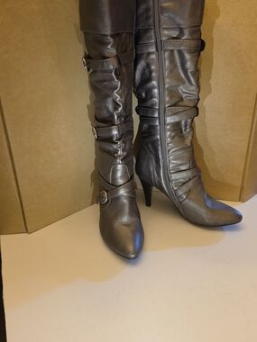 Women's Metallic Silver Knee-High Buckle Heeled Boots